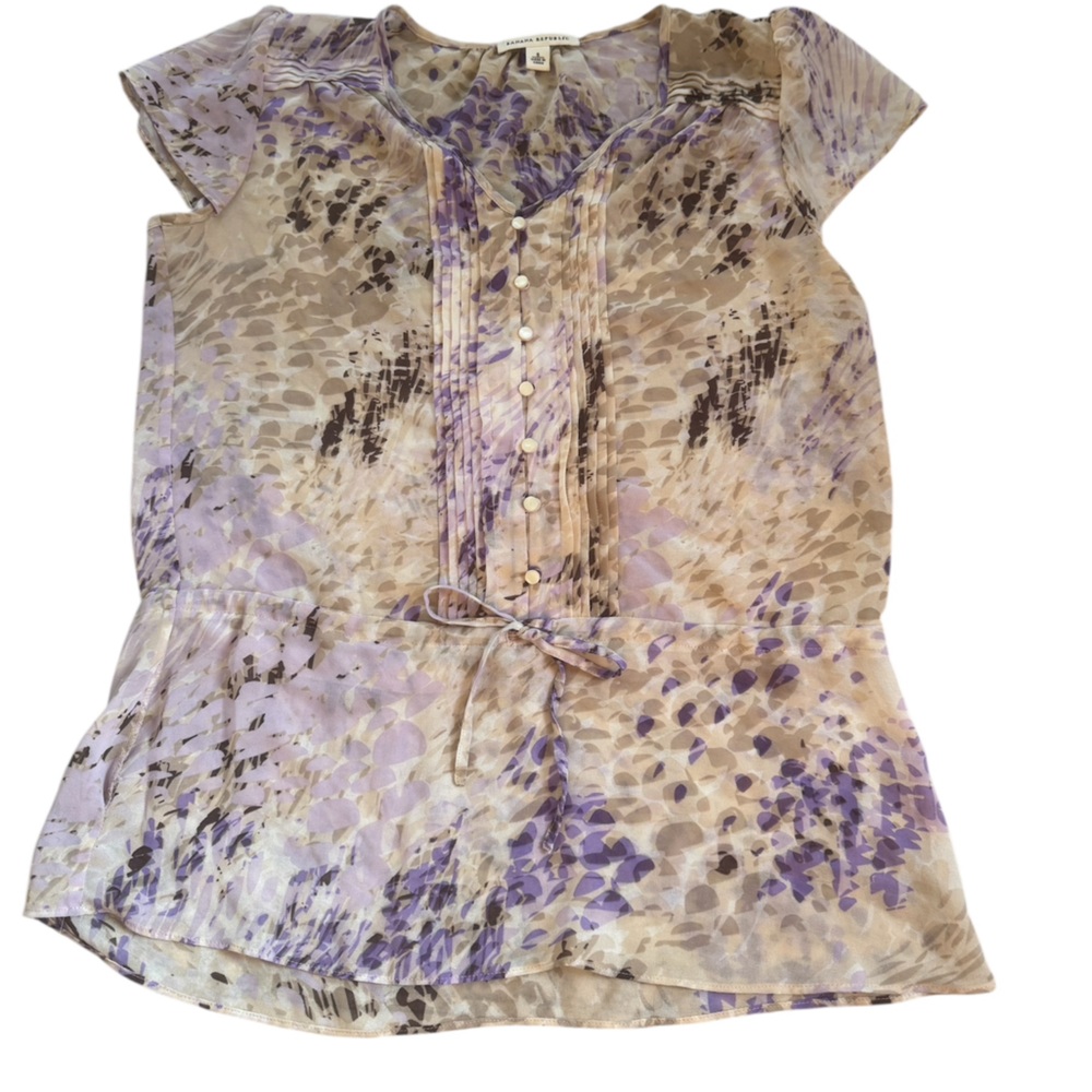 Banana Republic Purple and Tan Patterned Blouse with Tie Detail - Size Small